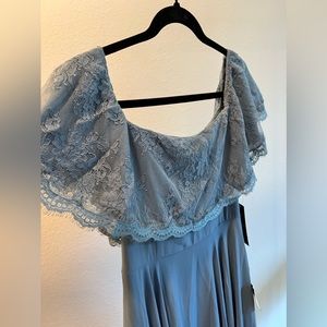 Never worn. Tags on. Dusty blue lulus dress with off the shoulder lace.
